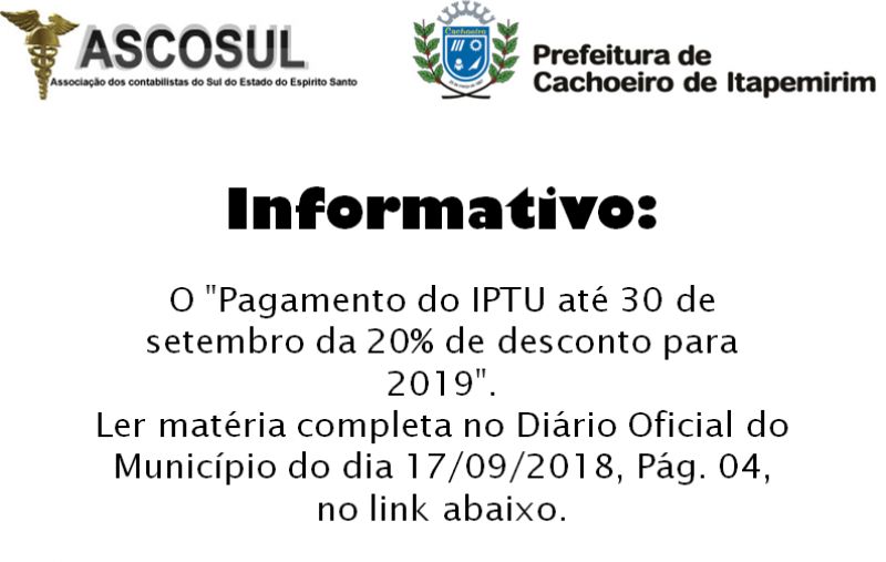 Pagamento do IPTU até 30 de setembro da 20% de desconto para 2019